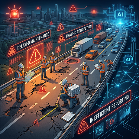 Manual road inspection problems: delayed maintenance, congestion, and paper-based reporting.